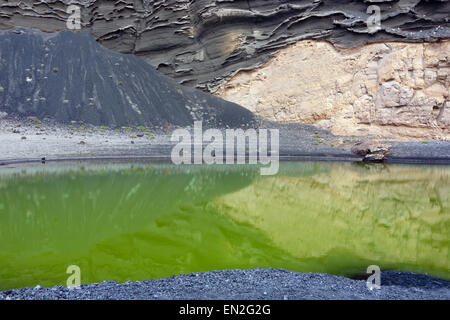 Lac vert sur une plage volcanique de Lanzarote Banque D'Images