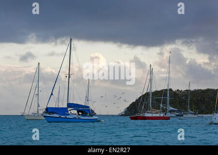 Voiliers ancrés pour la soirée, Tobago Cays Marine Park, Grenadines Banque D'Images