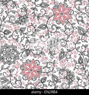 Seamless vector noir et rouge motif floral Banque D'Images