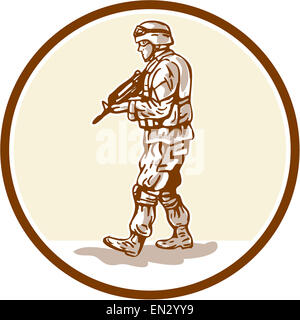 Illustration d'un soldat américain militaire militaire avec carabine Armalite marcher vu de côté, de définir à l'intérieur du cercle fait Banque D'Images