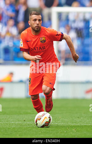 Jordi Alba (FC Barcelone), au cours de la Liga match de football entre l'Espanyol et le FC Barcelone, à la puissance 8 stadium à Barcelone, Espagne, samedi, 25 avril 2015. Foto : S.Lau Banque D'Images