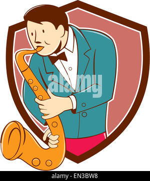 Le Garçon Joue Du Saxophone. L'enfant Tient Un Instrument De Musique Dans  Ses Mains. Illustration De Dessin Animé De Vecteur Isolée Sur Fond Blanc.  Performance, Concert, Formation Musicale. Jeune Joueur De Jazz