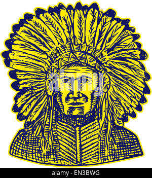 Gravure Gravure illustration style artisanal d'un Native American Indian chief warrior vu de l'avant ensemble sur blanc isolé Banque D'Images