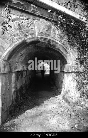 Silhouette d'un homme marchant à travers un vieux tunnel sous un pont de chemin de fer Banque D'Images