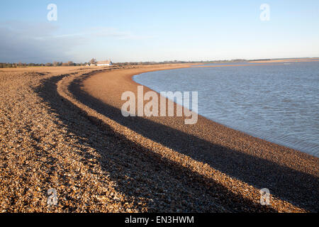 Bungalow bord de mer sur la plage de galets près de North Weir Point, rue du bardeau, Suffolk, Angleterre, RU Banque D'Images