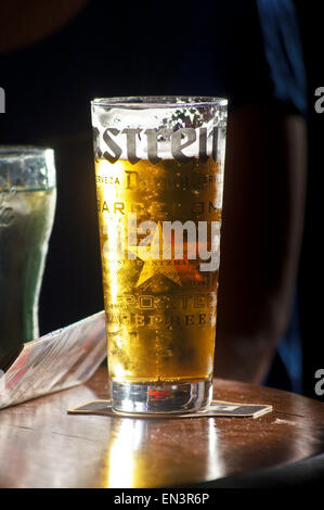 Une impression de verre pinte d'Estrella Damm lager beer espagnol sur un bar rétro-éclairé à l'bras maçonnique, Kirkcudbright, Ecosse, verres de boissons table pub Banque D'Images