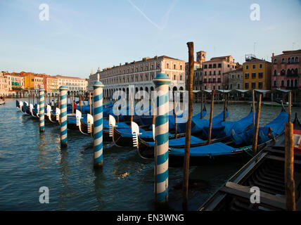 L'Italie, Venise, rangée de gondoles bleu amarré au quai Banque D'Images