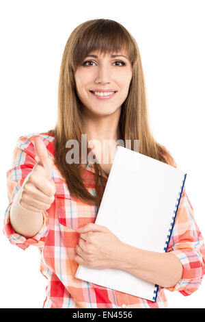 Belle Jeune Femme avec ordinateur portable blanc afficher pouce vers le haut. Fille étudiante isolé sur fond blanc Banque D'Images