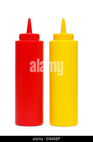 Plastique rouge Ketchup et Moutarde jaune des conteneurs. Isolé sur fond blanc. Banque D'Images