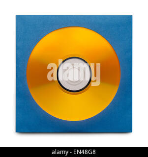 Disque d'or en étui bleu isolé sur un fond blanc. Banque D'Images