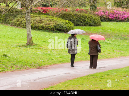 Deux femmes d'âge moyen de marcher sous la pluie le long d'un chemin de pays avec un noir et un parapluie rouge. Banque D'Images