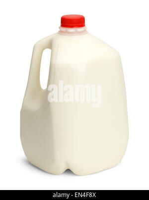 Gallon de lait entier avec capuchon en plastique rouge isolé sur fond blanc. Banque D'Images