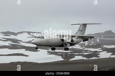 BAE 146-200 avion aile haute, à l'atterrissage à Frei, King George Island, Antarctica Banque D'Images