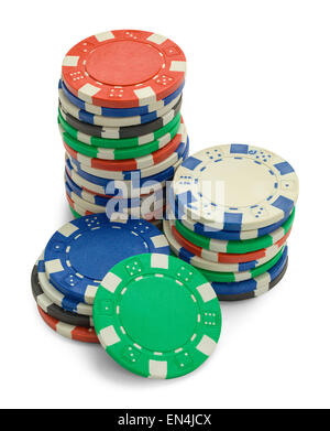 Pile de jetons de poker avec copie espace isolé sur un fond blanc. Banque D'Images