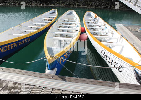des gigs pilotes amarrés dans le port de newlyn, à l'ouest de cornwall, par une journée ensoleillée en été Banque D'Images