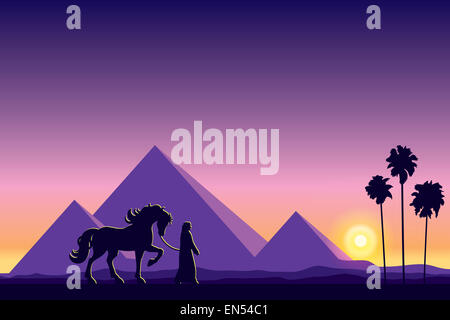 L'Egypte Pyramides avec silhouette de bédouins et cheval sur fond coucher de soleil Banque D'Images