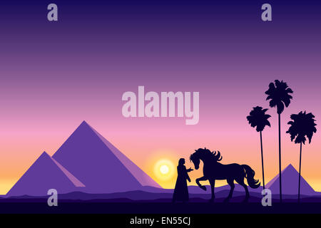 L'Egypte Pyramides avec silhouette de bédouins et cheval sur fond coucher de soleil Banque D'Images