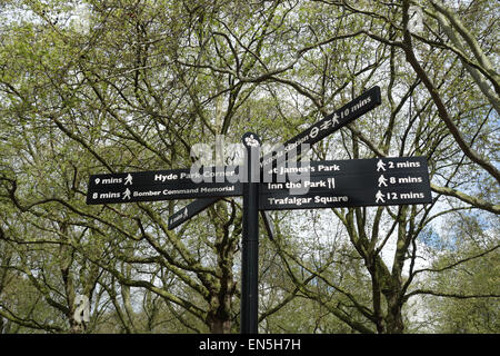 Panneau en Green Park indiquant la façon de lieux d'intérêt pour les touristes. Le centre de Londres, Angleterre, RU Banque D'Images