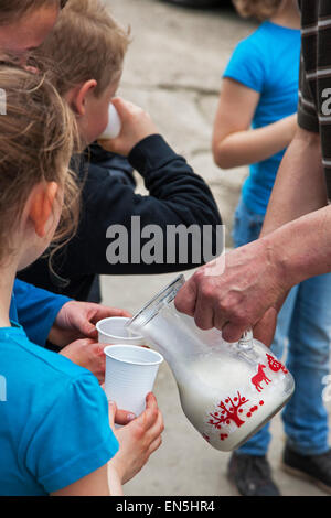 Farmer holding verseuse en verre verser du lait frais dans des verres en plastique de petits enfants à la ferme Banque D'Images