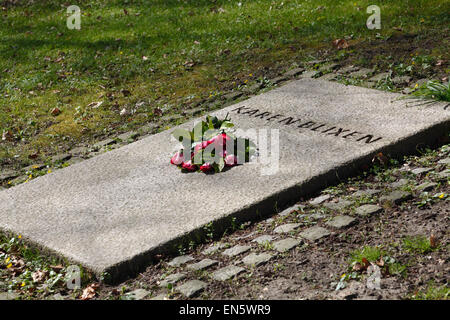 La tombe de Karen Blixen avec des roses rouges sur une journée de printemps ensoleillée à Rungstedlund le lendemain de son 130e anniversaire. Banque D'Images