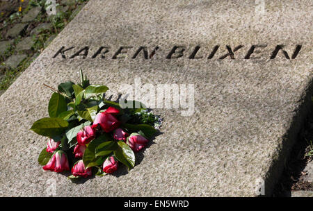 La tombe de Karen Blixen avec des roses rouges sur une journée de printemps ensoleillée à Rungstedlund le lendemain de son 130e anniversaire. Banque D'Images