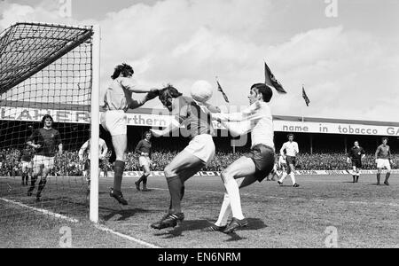 British Home Championship match à Windsor Park, Belfast. L'Irlande du Nord 0 v Angleterre 1. L'Irlande du gardien Pat Jennings poinçons la balle ressort clairement de l'Angleterre, Allan Clarke à l'aide d'un défenseur. Le 15 mai 1971. Banque D'Images