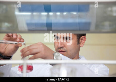 College student pouring liquid into beaker Banque D'Images