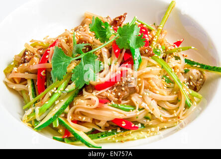 Nouilles de riz asiatiques à base de boeuf, de légumes, de fèves germées dans une sauce aigre-douce Banque D'Images