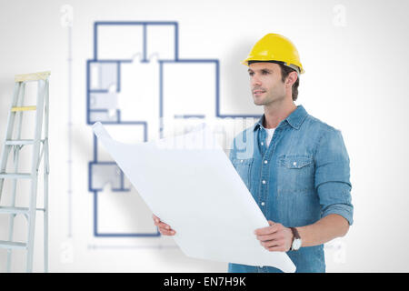 Image composite de l'architect holding blueprint dans chambre Banque D'Images