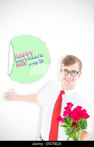 Image composite de hipster geek offrant bouquet de roses Banque D'Images