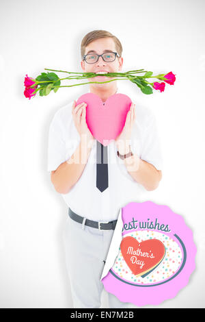 Image composite de hipster geek holding roses rouges et une carte coeur Banque D'Images