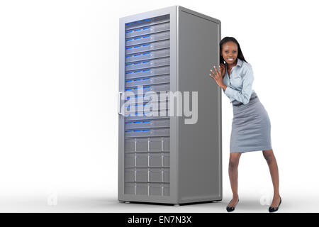 Composite image of businesswoman poussant un panel Banque D'Images