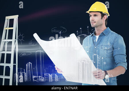 Image composite de l'architect holding blueprint dans chambre Banque D'Images