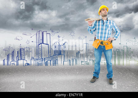 Composite image of worker carrying wooden planks Banque D'Images