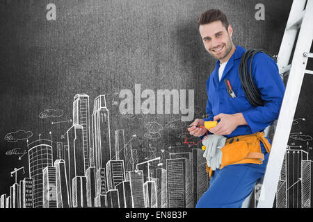 Libre de construction worker leaning on ladder Banque D'Images