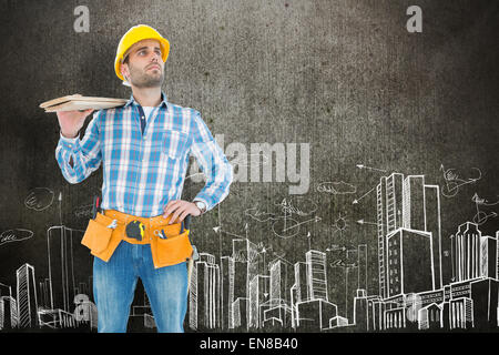 Composite image of worker carrying wooden planks Banque D'Images