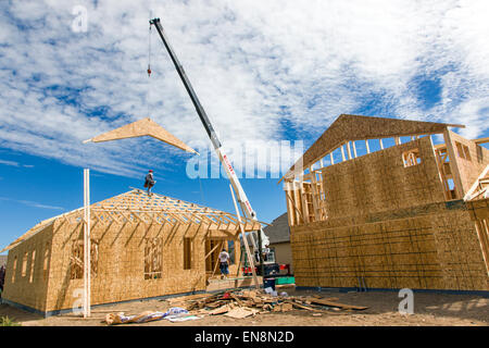 Construction d'une maison de style Craftsman dans le Colorado aux Etats-Unis. Une grue de levage des fermes de toit en place. Banque D'Images