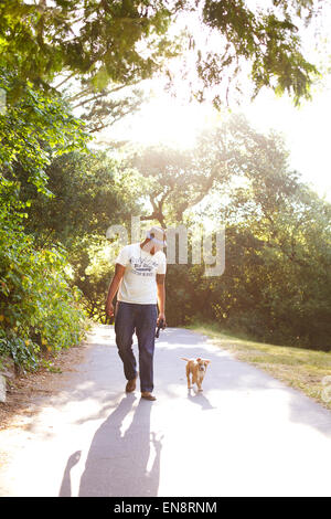 Un jeune black pit bull promenades sans laisse avec son propriétaire sur un chemin ensoleillé dans le parc. Banque D'Images