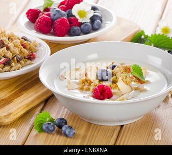 Petit-déjeuner sain - yaourt au muesli . Selective focus Banque D'Images