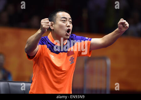 Suzhou, Province de Jiangsu en Chine. Apr 30, 2015. Liu Guoliang (, entraîneur-chef de l'équipe masculine de tennis de table de la Chine, célèbre pour la Chine Xu Xin pendant masculin match contre la Russie Alexander Shibaev à la 53e Championnats du Monde de Tennis de Table à Suzhou, ville de la Chine de l'est de la province de Jiangsu, le 30 avril 2015. La Chine Xu Xin a gagné 4-2. © Li Ga/Xinhua/Alamy Live News Banque D'Images