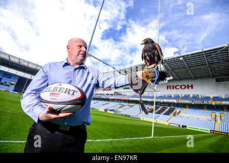 Coventry, Royaume-Uni. 29 avril 2015. A 20 mois Harris Hawk est le nouveau membre de l'équipe au Ricoh Arena de Coventry, l'accueil de guêpes, d'effrayer les pigeons. Une campagne a été lancée pour nom l'oiseau par RicohArena @twitter # aide NameTheHawk. En photo avec handler Alan Pickering. Crédit : Jamie Gray/Alamy Live News Banque D'Images