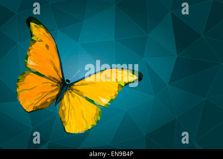 Papillon jaune avec texture crystal polygonal sur fond géométrique avec des polygones triangulaires, faible illustration style poly Banque D'Images