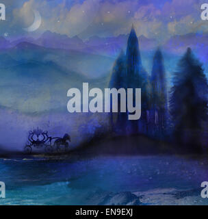 Transport de chevaux et un château médiéval Banque D'Images