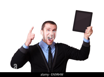 Homme heureux avec une tablette dans sa main et doigt soulevé, isolated on white Banque D'Images