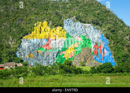 Vinales Cuba murale de la Préhistoire peinture mogote par Leovigildo Gonzalez1962 Histoire de l'évolution à l'Homo Sapiens d'ammonites Banque D'Images