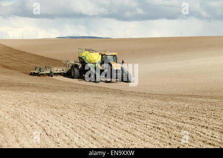 Lignes de plantation de machines agricoles de blé un jour de printemps dans les champs agricoles fertiles de l'Idaho. Banque D'Images