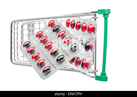 Panier avec ampoules comprimés rouge-noir sur un fond blanc Banque D'Images