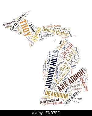 Nuage de mots en forme de Michigan montrant certaines des villes de l'état Banque D'Images