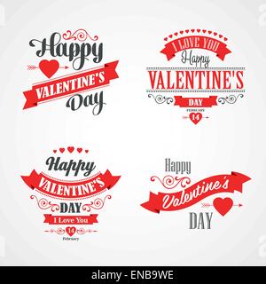 Happy Valentines Day Carte lettrage. Fond d'Ornements typographiques, des coeurs, du ruban et de la flèche Illustration de Vecteur