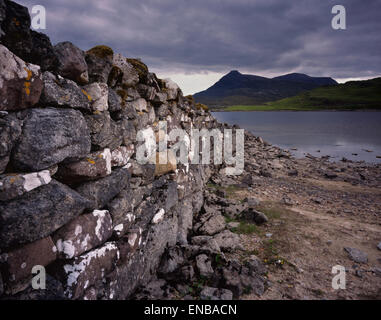 Quinag vue d'un mur de pierres sèches à côté d'Ardvreck Castle sur le Loch Assynt, Lochinver, Ecosse, Royaume-Uni Banque D'Images